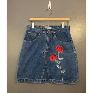 Zona Libre Denim Skirt Womens 11 12 Blue Embroidered Rose Floral Jean Y2K Retro